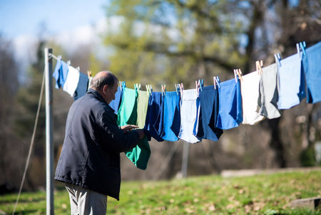 Senior man drying clothes on a clothesline in a park in springの素材