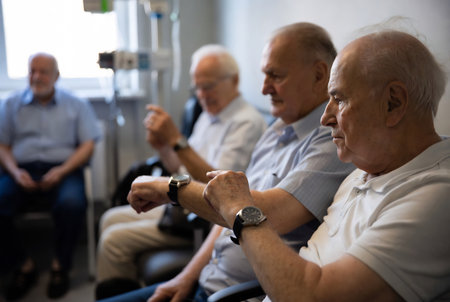 Group of senior people using smart watch while sitting in the hospital wardの素材