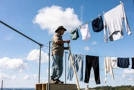 Man hanging clothes on the clothesline in the open air in a sunny dayの素材