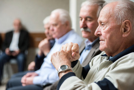 Group of senior people sitting in the lobby of a hospital and looking at each otherの素材