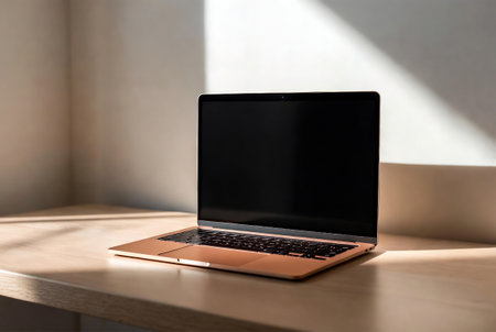 Laptop with blank screen on wooden table in office room, stock photoの素材