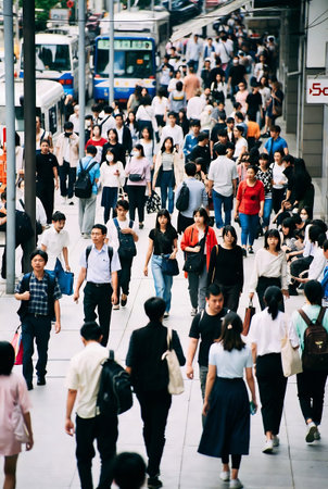 View of unknown Nepali people walking in the street at Thamel district in Kathmandu in the afternoonの素材