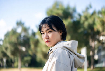 Portrait of a beautiful young asian woman in the park.の素材
