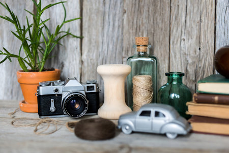 Vintage still life with camera, books, succulent and retro carの素材