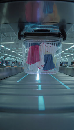 Conveyor belt with clothes in the factory. Industrial background.の素材