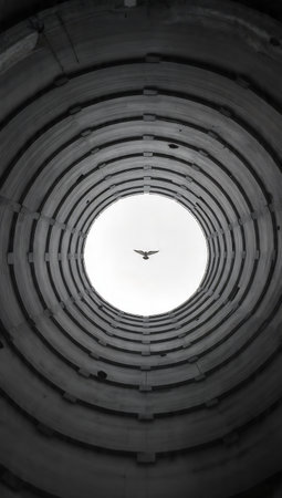 A bird flying in the air through a hole in a steel pipeの素材