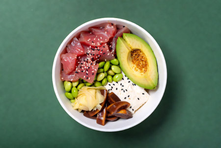 Hawaiian poke bowl with tuna, avocado and sesame seedsの素材
