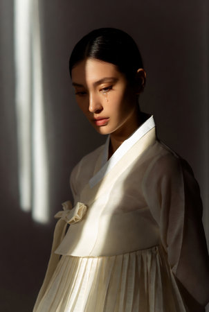 beautiful asian woman in white dress looking at camera with shadowの素材