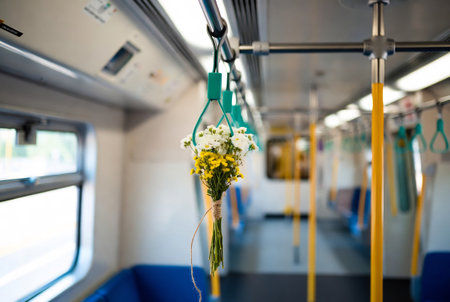 Bouquet of wildflowers in a train carriage. Selective focus.の素材