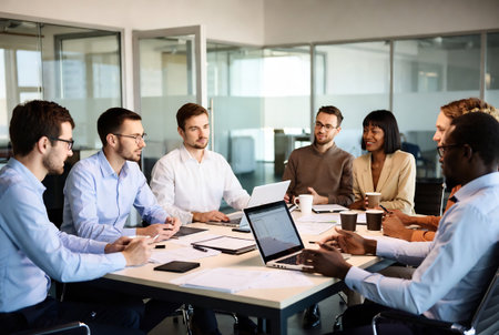 Group of business people working together in modern office. Selective focusの素材