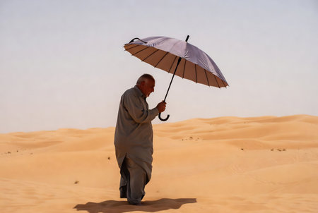 Senior man with umbrella in the desert of Dubai, United Arab Emiratesの素材