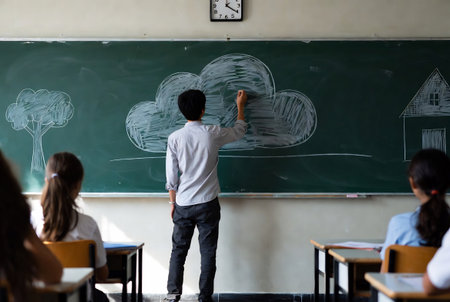 Back view of male teacher writing on chalkboard in classroom at schoolの素材