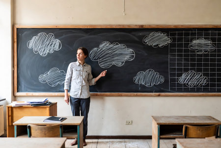 Young male teacher standing at blackboard with chalk drawings in classroom.の素材