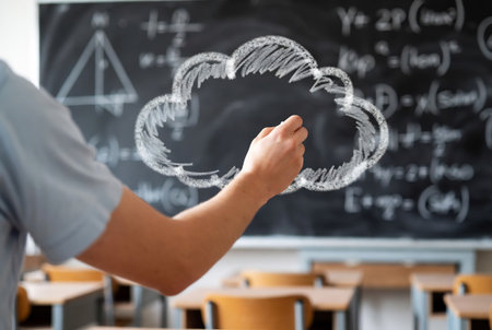 Man drawing chalk cloud on blackboard in classroom. Education concept.の素材