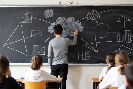 Back view of male teacher writing on blackboard in classroom during lessonの素材