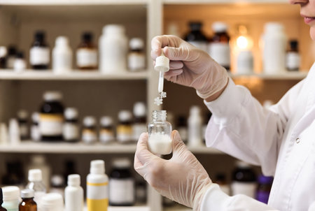 cropped image of pharmacist in latex gloves holding bottle with medicationの素材