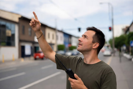Young man using a remote control in a city street. Shallow depth of field.の素材