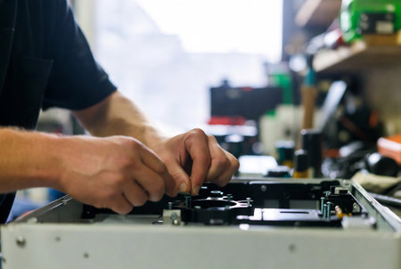 Repairman repairing a hard drive in a workshop. Selective focus.の素材