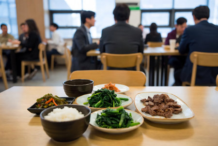 Rice and vegetables on wooden table with people in the background.の素材