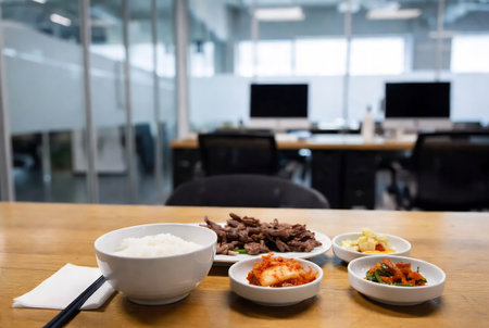 Image of japanese food on wooden table in a modern officeの素材