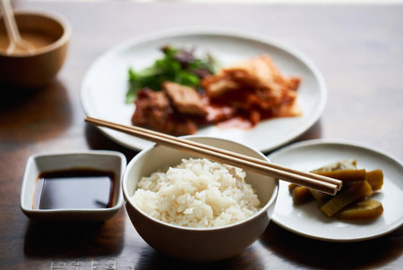 Rice with chopsticks on wooden table, japanese foodの素材