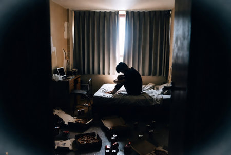 Young man sitting on the bed in the hotel room and using laptop.の素材