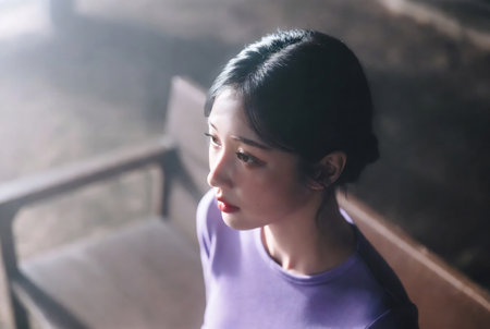 Portrait of beautiful Asian woman in purple dress, vintage toneの素材