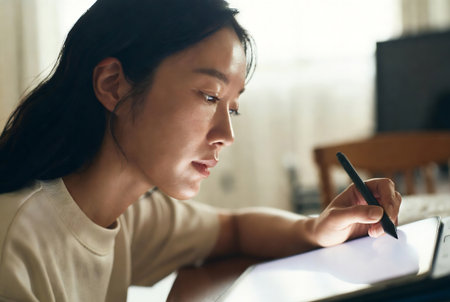 Portrait of a young woman writing on a digital tablet at homeの素材