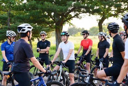 Group of people cycling together in the park. Healthy lifestyle concept.の素材