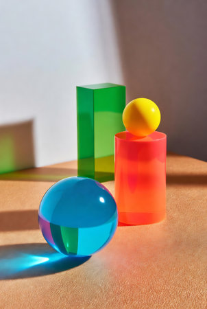 Colorful glass balls in a row on a light background with shadowsの素材