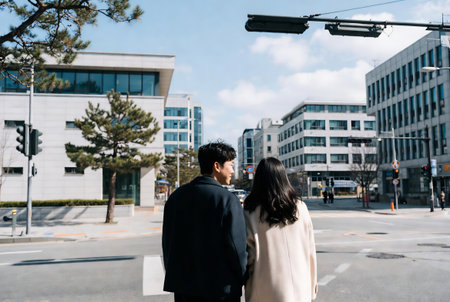 Young couple walking in the city, looking at each other and smilingの素材