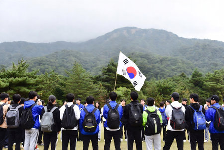 Korean people and foreign travelers travel visit and take photo take photo at Kwan Phayao or Kwan Phayao National Park in South Korea.の素材