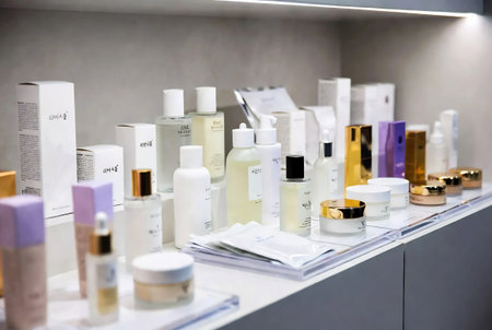 Cosmetics on display in a beauty salon. Shallow depth of field.の素材