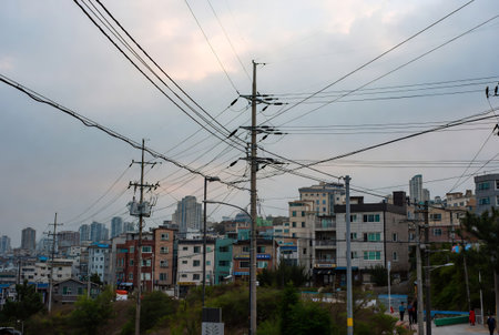 High-voltage power lines in the city of Seoul, South Koreaの素材