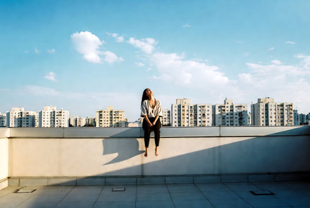Young woman sitting on the roof of a building in the city.の素材
