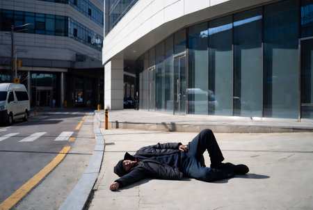 Young businessman sleeping on the ground in front of a modern office buildingの素材