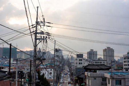 electricity post on the street in the city of Seoul, South Koreaの素材