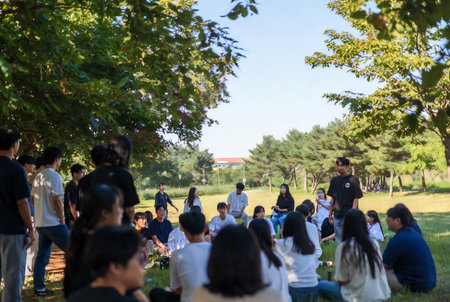 Group of Asian people sit in the park and talk to each other.の素材