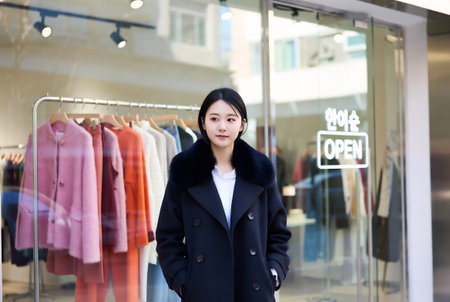 A shot of a beautiful Asian woman shopping in a clothing storeの素材