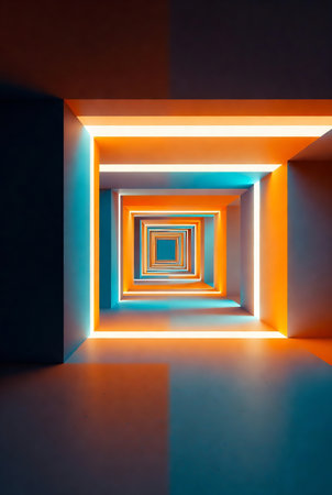 Abstract geometric background with neon lights. 3d render illustration, 3d illustrationの素材