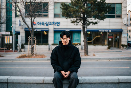 Young Asian man in black coat sitting on the street and looking downの素材
