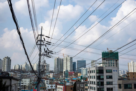 High-voltage power lines in the city, Bangkok, Thailandの素材
