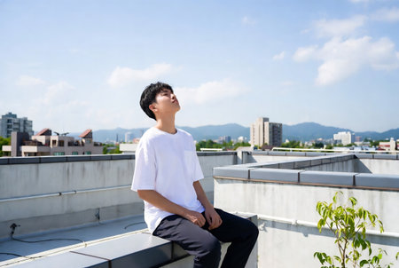 young asian man sitting on the roof with cityscape in backgroundの素材