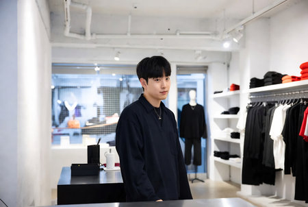 young asian male fashion designer looking at camera in a clothing storeの素材