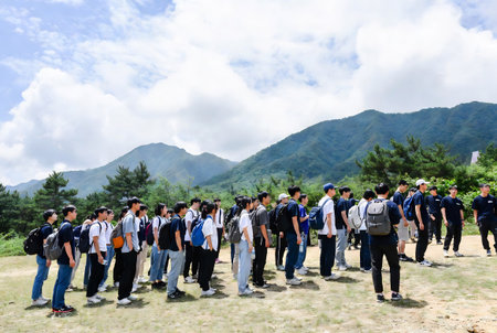 Unidentified tourists walking on the mountain.の素材