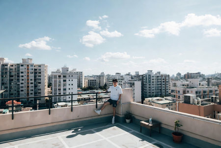 Young businessman sitting on the roof of a skyscraper and looking at the cityの素材