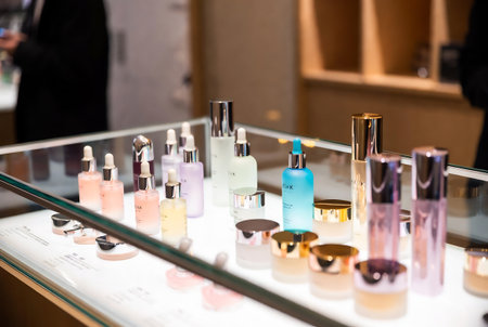 Perfume bottles on display at The Shoppes at Marina Bay Sands.の素材