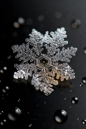 Snowflake on a black background with water drops. Close up.の素材