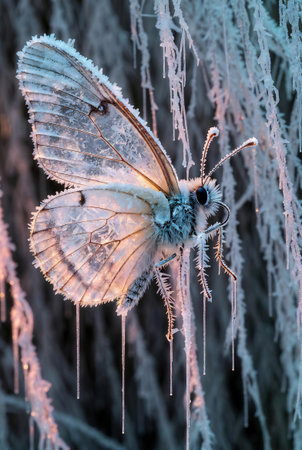 Butterfly on a hoarfrost in the early morning.の素材