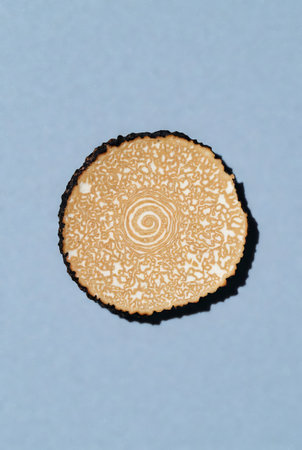 Crispy round pancake on a blue background. Top view.の素材